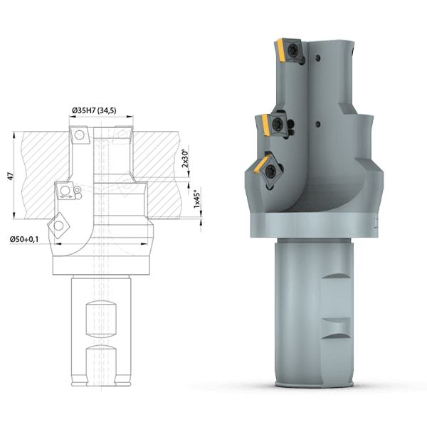 Boring and chamfering of a pre-cast bearing bore on a gear housing made of GG25