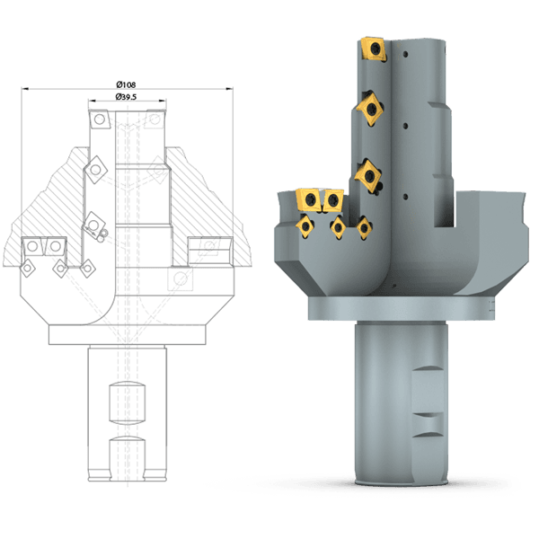 Creation of 5 diameters, 5 chamfers and 2 flat surfaces on one filter head