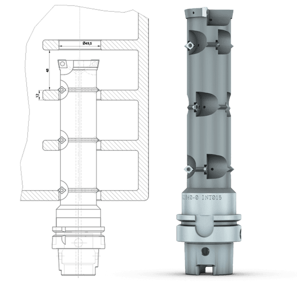 Boring Ø49.5 and chamfering on both sides of 3 bearing shells in an aluminum crankcase